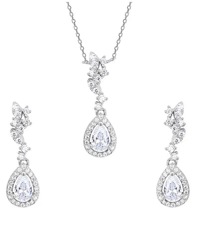 Silver Petal Stone Necklace Set For Women And Girls Silver