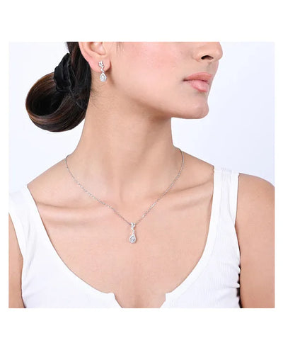 Silver Petal Stone Necklace Set For Women And Girls Silver