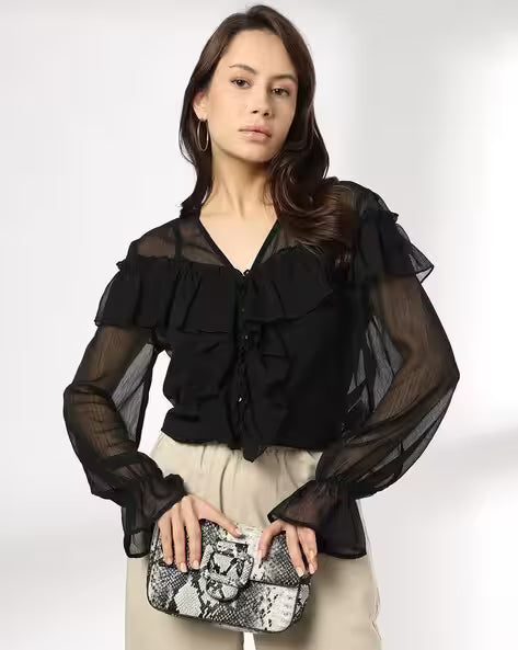 Women V-Neck Regular Fit Ruffle Top