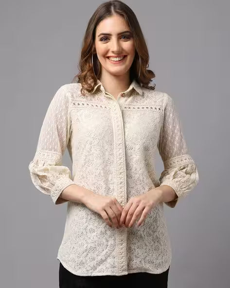 Lace Shirt with Puff Sleeves