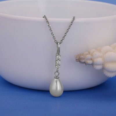 Silver Drop Of Pearl Pendant With Link Chain